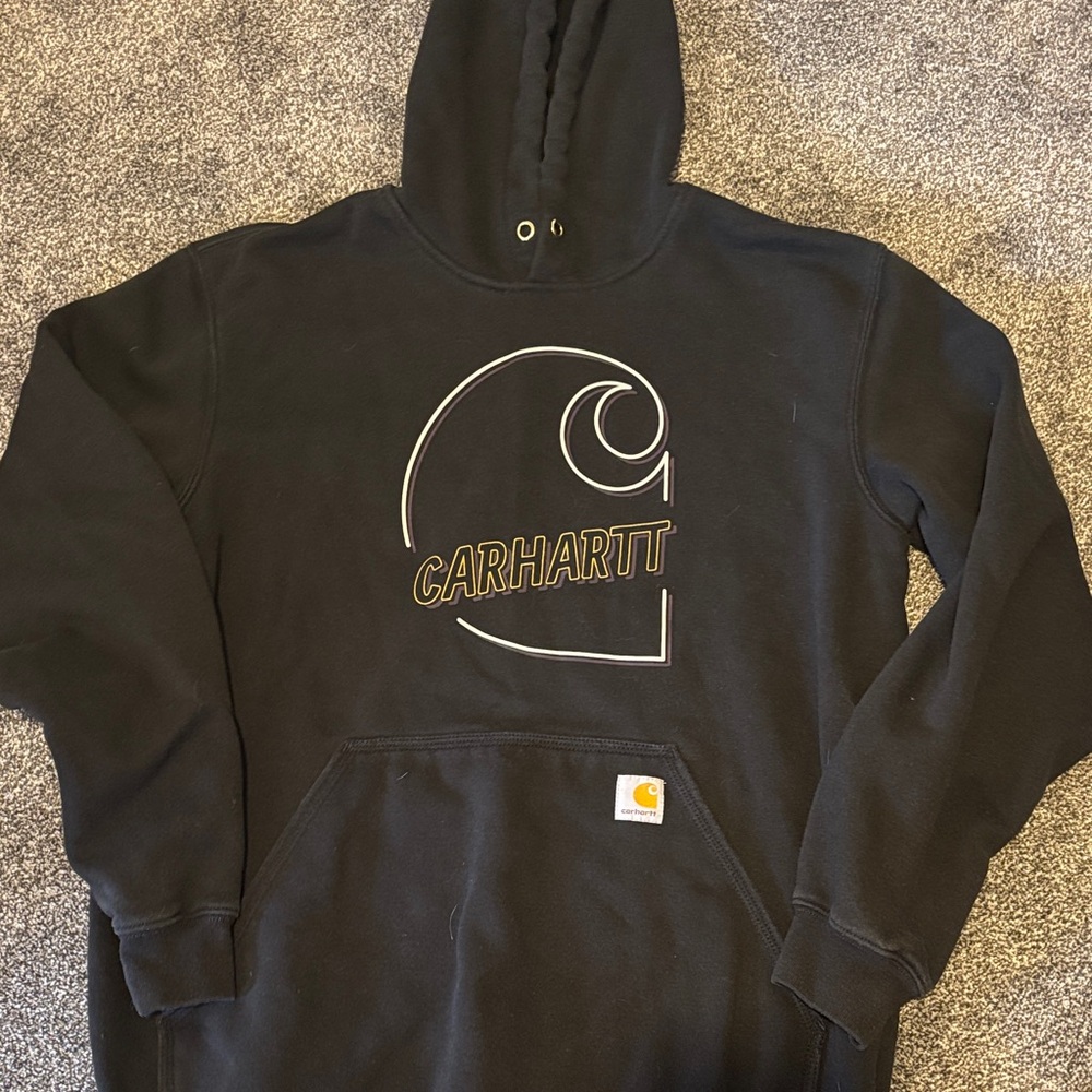 Carhartt Black Pullover Hoodie with Yellow Logo Outline